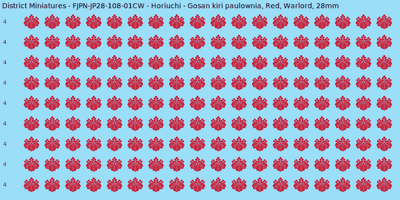 Horiuchi clan mon, Red waterslide decal sheet, Warlord banner sizes, 28mm