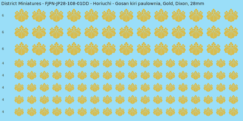 Horiuchi clan mon, Yellow/Gold waterslide decal sheet, Dixon banner sizes, 28mm