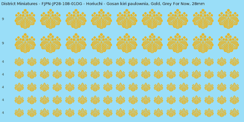 Horiuchi clan mon, Yellow/Gold waterslide decal sheet, Grey For Now banner sizes, 28mm