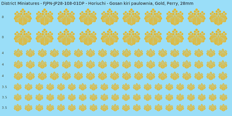 Horiuchi clan mon, Yellow/Gold waterslide decal sheet, Perry banner sizes, 28mm