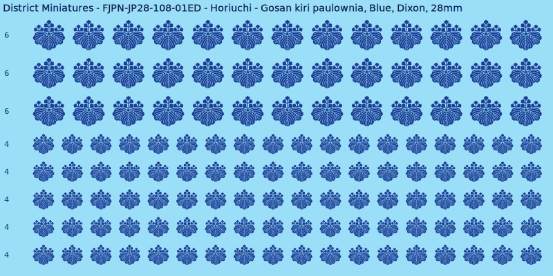 Horiuchi clan mon, Blue waterslide decal sheet, Dixon banner sizes, 28mm