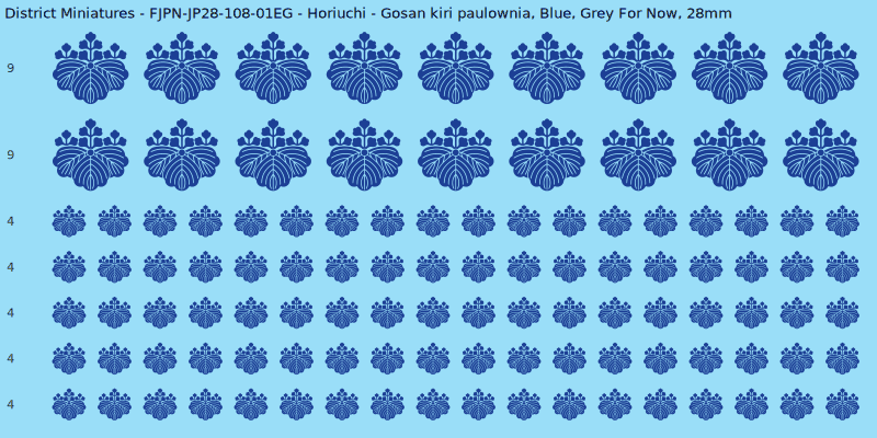 Horiuchi clan mon, Blue waterslide decal sheet, Grey For Now banner sizes, 28mm