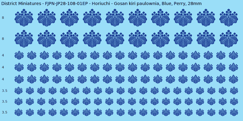 Horiuchi clan mon, Blue waterslide decal sheet, Perry banner sizes, 28mm