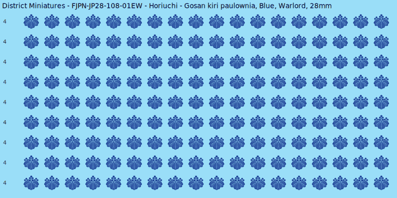 Horiuchi clan mon, Blue waterslide decal sheet, Warlord banner sizes, 28mm