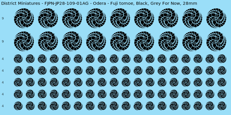 Odera clan mon, Black waterslide decal sheet, Grey For Now banner sizes, 28mm