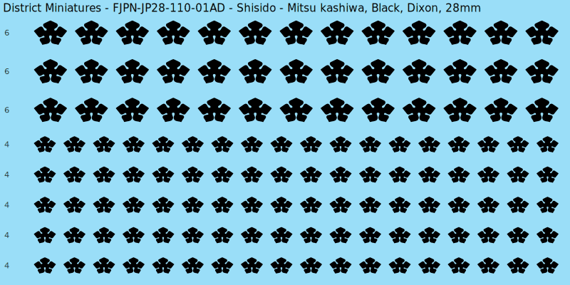 Shisido clan mon, Black waterslide decal sheet, Dixon banner sizes, 28mm