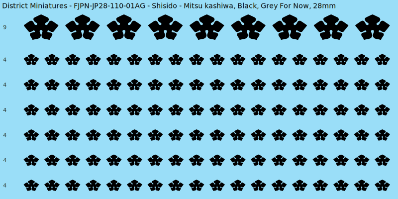 Shisido clan mon, Black waterslide decal sheet, Grey For Now banner sizes, 28mm