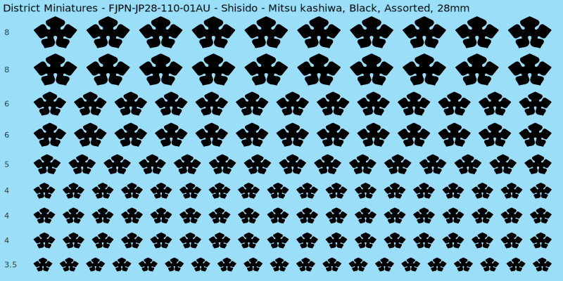 Shisido clan mon, Mitsu kashiwa, Black waterslide decal sheet, 28mm