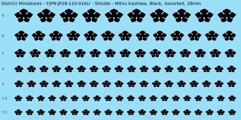 Shisido clan mon, Black waterslide decal sheet, Assorted banner sizes, 28mm
