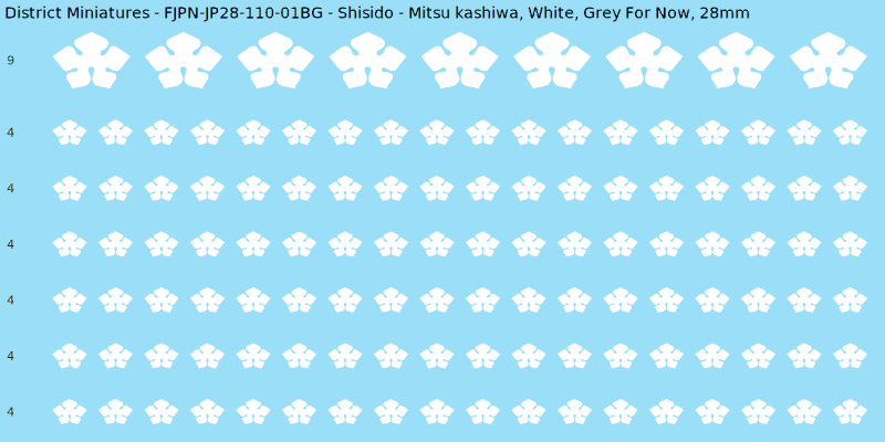 Shisido clan mon, White waterslide decal sheet, Grey For Now banner sizes, 28mm