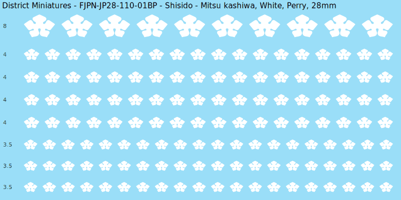 Shisido clan mon, White waterslide decal sheet, Perry banner sizes, 28mm