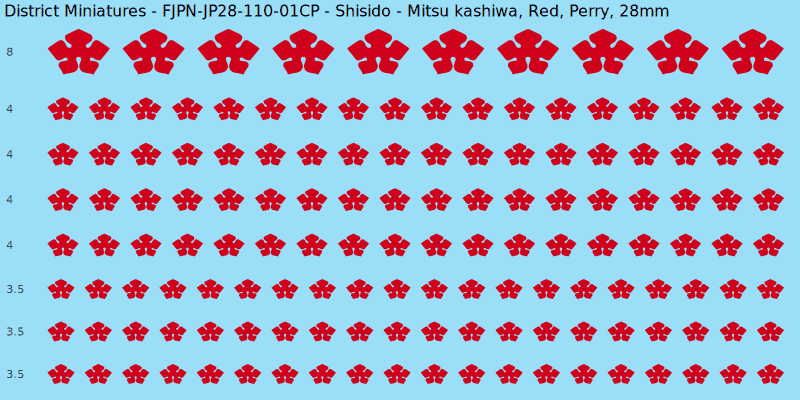 Shisido clan mon, Red waterslide decal sheet, Perry banner sizes, 28mm