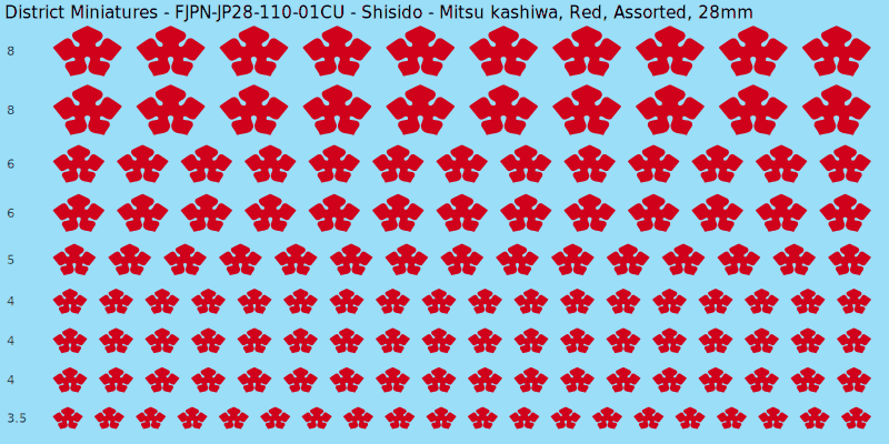Shisido clan mon, Mitsu kashiwa, Red waterslide decal sheet, 28mm