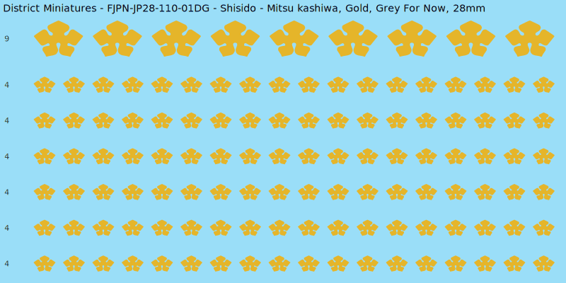 Shisido clan mon, Yellow/Gold waterslide decal sheet, Grey For Now banner sizes, 28mm