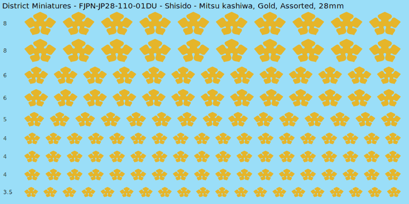 Shisido clan mon, Mitsu kashiwa, Gold waterslide decal sheet, 28mm