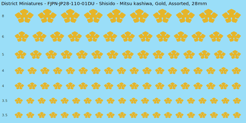 Shisido clan mon, Yellow/Gold waterslide decal sheet, Assorted banner sizes, 28mm