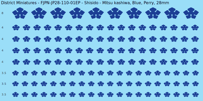 Shisido clan mon, Blue waterslide decal sheet, Perry banner sizes, 28mm