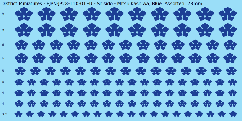 Shisido clan mon, Mitsu kashiwa, Blue waterslide decal sheet, 28mm