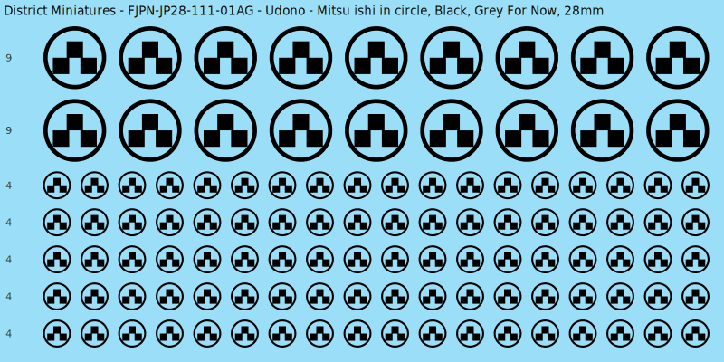 Udono clan mon, Black waterslide decal sheet, Grey For Now banner sizes, 28mm