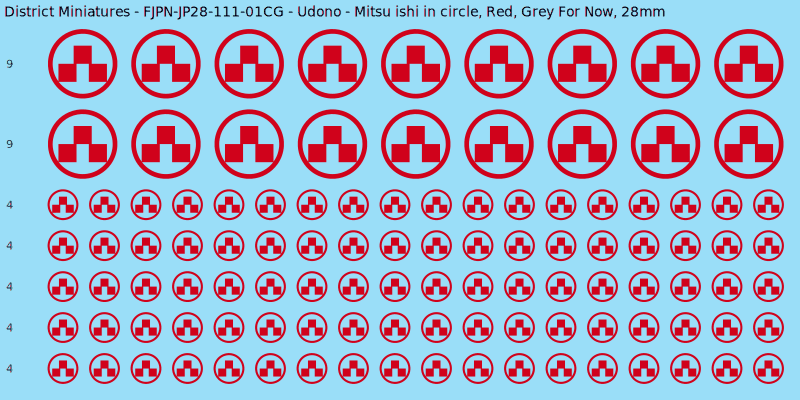 Udono clan mon, Red waterslide decal sheet, Grey For Now banner sizes, 28mm