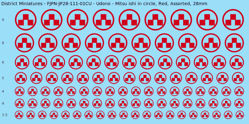 Udono clan mon, Mitsu ishi in circle, Red waterslide decal sheet, 28mm