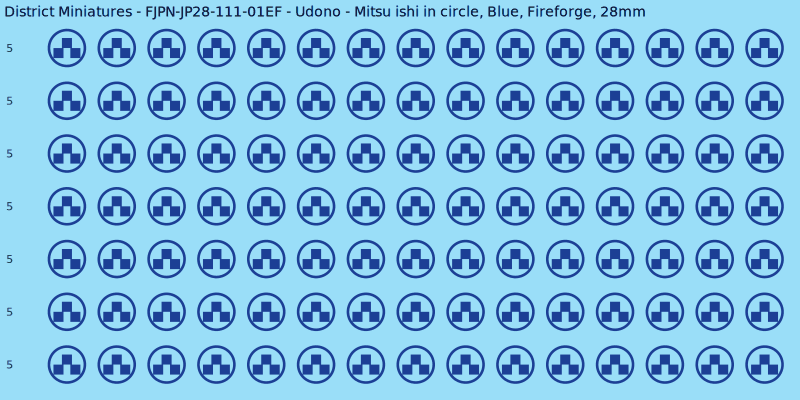 Udono clan mon, Blue waterslide decal sheet, Fireforge banner sizes, 28mm