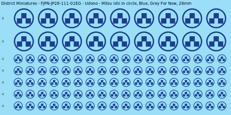 Udono clan mon, Blue waterslide decal sheet, Grey For Now banner sizes, 28mm