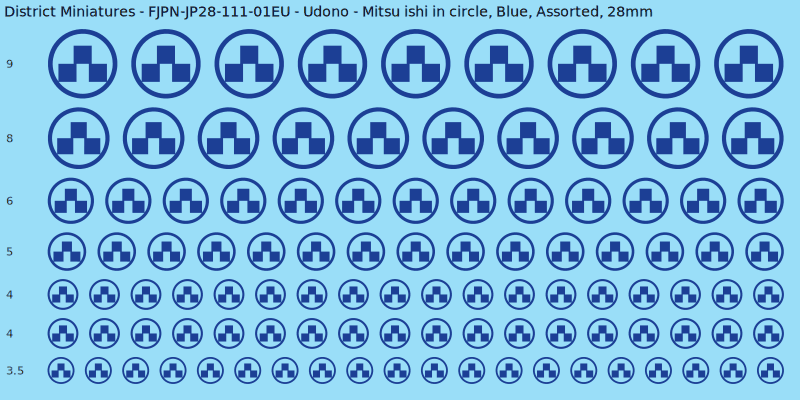 Udono clan mon, Mitsu ishi in circle, Blue waterslide decal sheet, 28mm