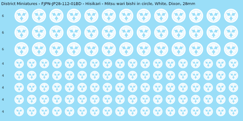Hisikari clan mon, White waterslide decal sheet, Dixon banner sizes, 28mm