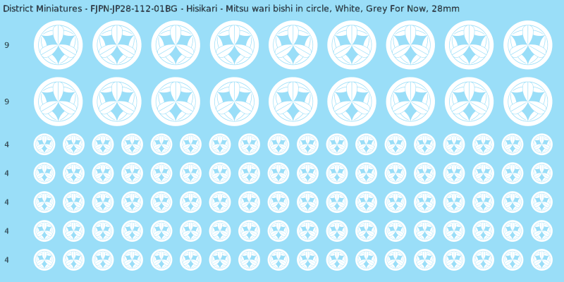Hisikari clan mon, White waterslide decal sheet, Grey For Now banner sizes, 28mm