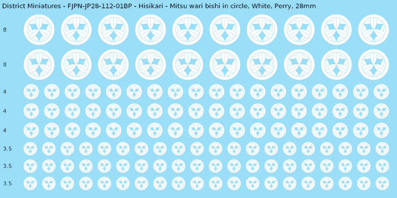 Hisikari clan mon, White waterslide decal sheet, Perry banner sizes, 28mm