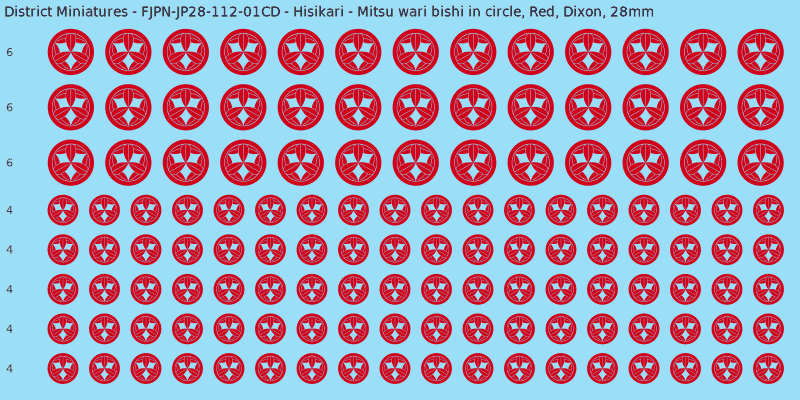 Hisikari clan mon, Red waterslide decal sheet, Dixon banner sizes, 28mm