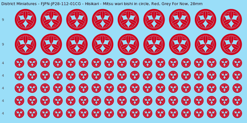 Hisikari clan mon, Red waterslide decal sheet, Grey For Now banner sizes, 28mm