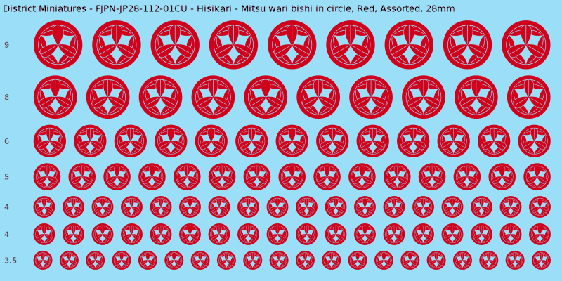 Hisikari clan mon, Mitsu wari bishi in circle, Red waterslide decal sheet, 28mm