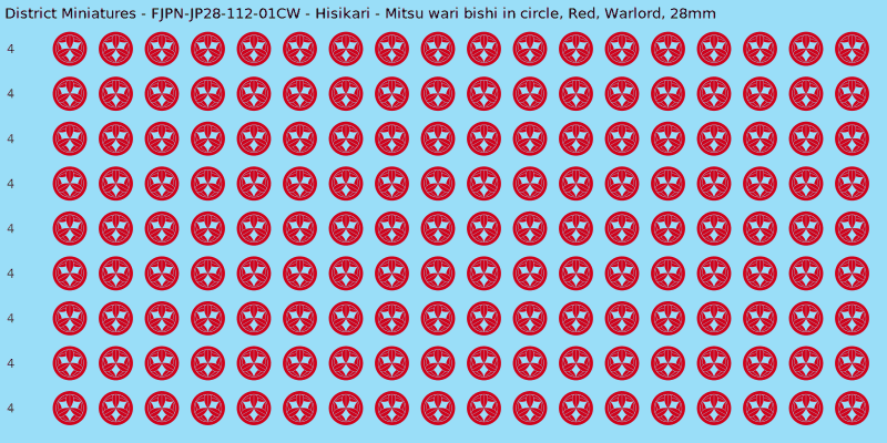 Hisikari clan mon, Red waterslide decal sheet, Warlord banner sizes, 28mm