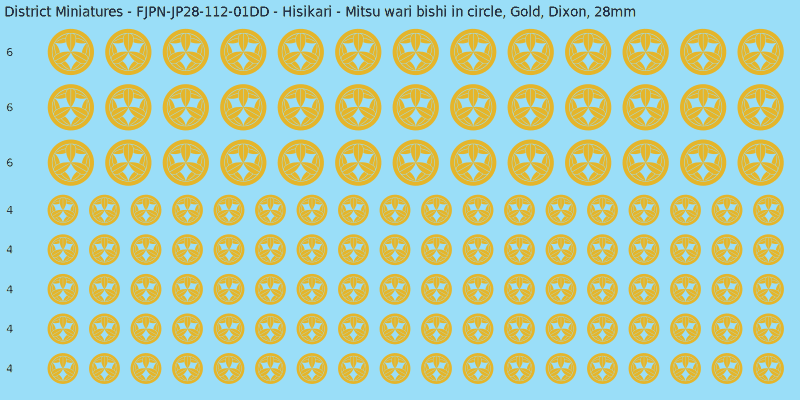Hisikari clan mon, Yellow/Gold waterslide decal sheet, Dixon banner sizes, 28mm