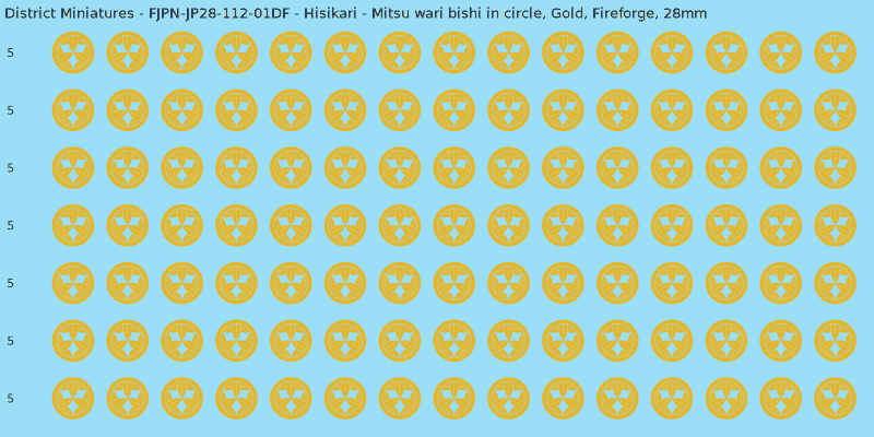 Hisikari clan mon, Yellow/Gold waterslide decal sheet, Fireforge banner sizes, 28mm