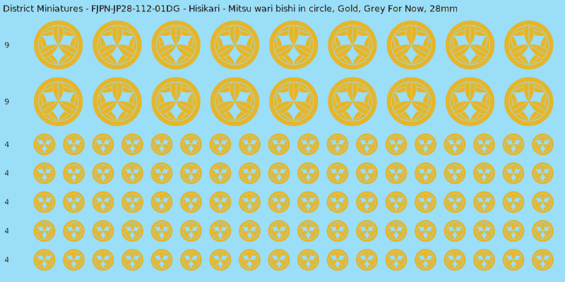 Hisikari clan mon, Yellow/Gold waterslide decal sheet, Grey For Now banner sizes, 28mm