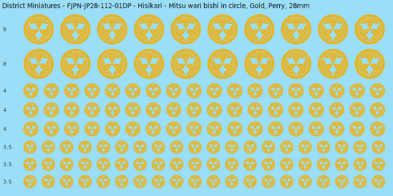 Hisikari clan mon, Yellow/Gold waterslide decal sheet, Perry banner sizes, 28mm