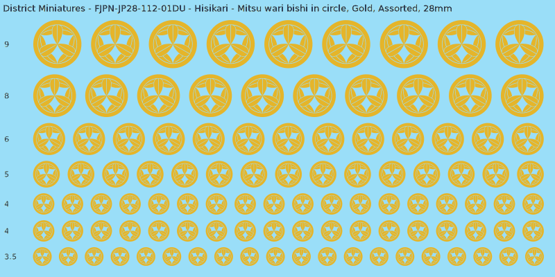 Hisikari clan mon, Mitsu wari bishi in circle, Gold waterslide decal sheet, 28mm