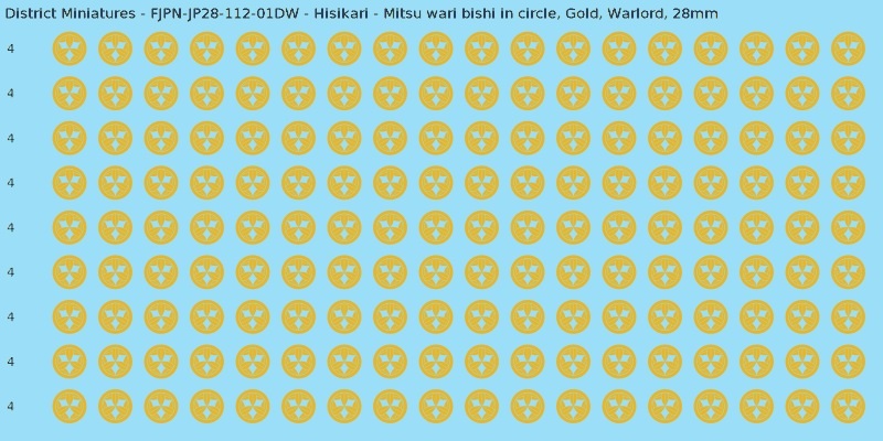 Hisikari clan mon, Yellow/Gold waterslide decal sheet, Warlord banner sizes, 28mm