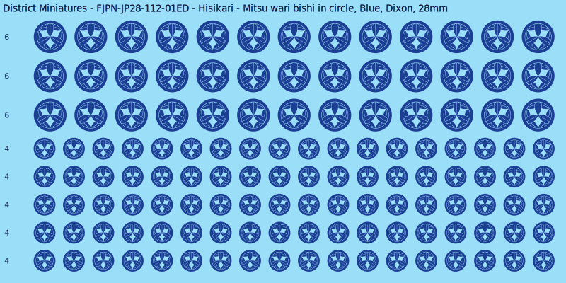 Hisikari clan mon, Blue waterslide decal sheet, Dixon banner sizes, 28mm