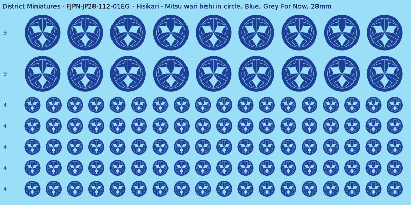 Hisikari clan mon, Blue waterslide decal sheet, Grey For Now banner sizes, 28mm