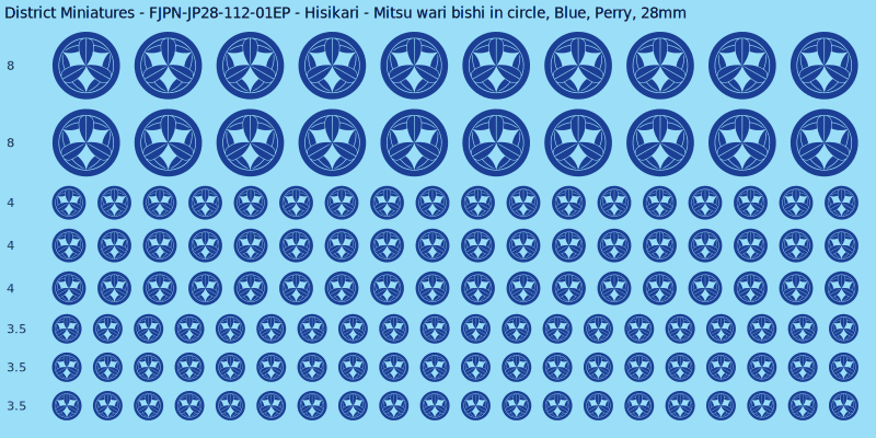 Hisikari clan mon, Blue waterslide decal sheet, Perry banner sizes, 28mm
