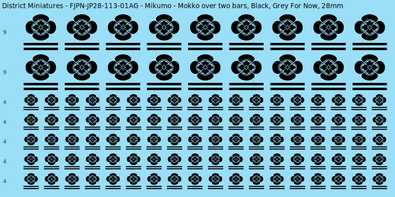 Mikumo clan mon, Black waterslide decal sheet, Grey For Now banner sizes, 28mm