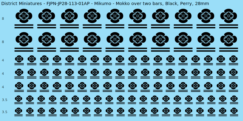 Mikumo clan mon, Black waterslide decal sheet, Perry banner sizes, 28mm
