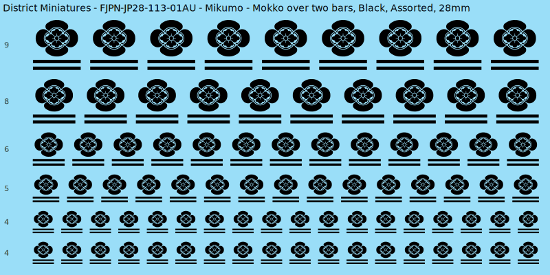 Mikumo clan mon, Mokko over two bars, Black waterslide decal sheet, 28mm