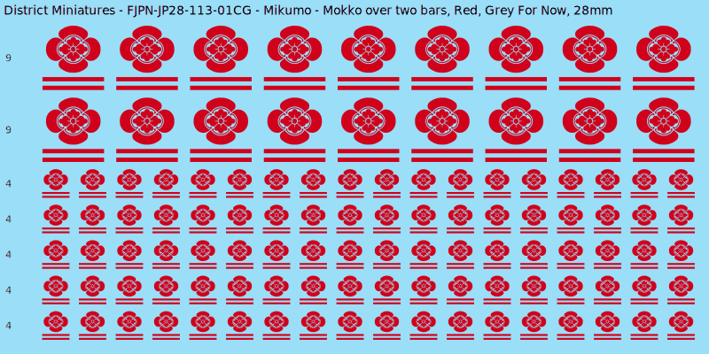 Mikumo clan mon, Red waterslide decal sheet, Grey For Now banner sizes, 28mm