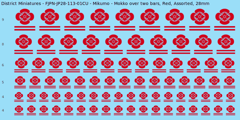 Mikumo clan mon, Red waterslide decal sheet, Assorted banner sizes, 28mm