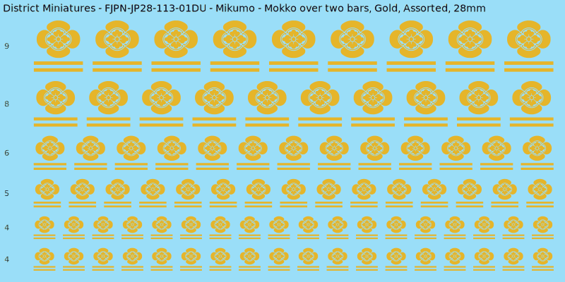 Mikumo clan mon, Yellow/Gold waterslide decal sheet, Assorted banner sizes, 28mm